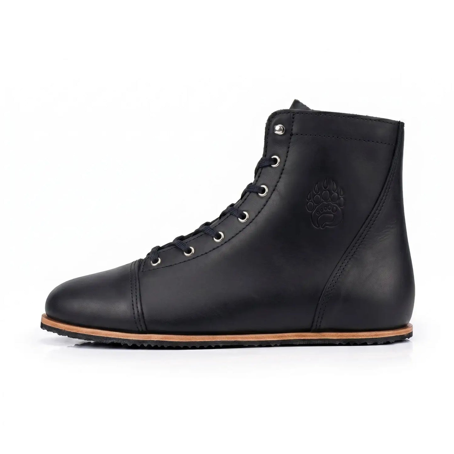 Ursidae-patriot dark horse black leather high-top sneaker lightweight barefoot boot with subtle embossed paw print and silver eyelets