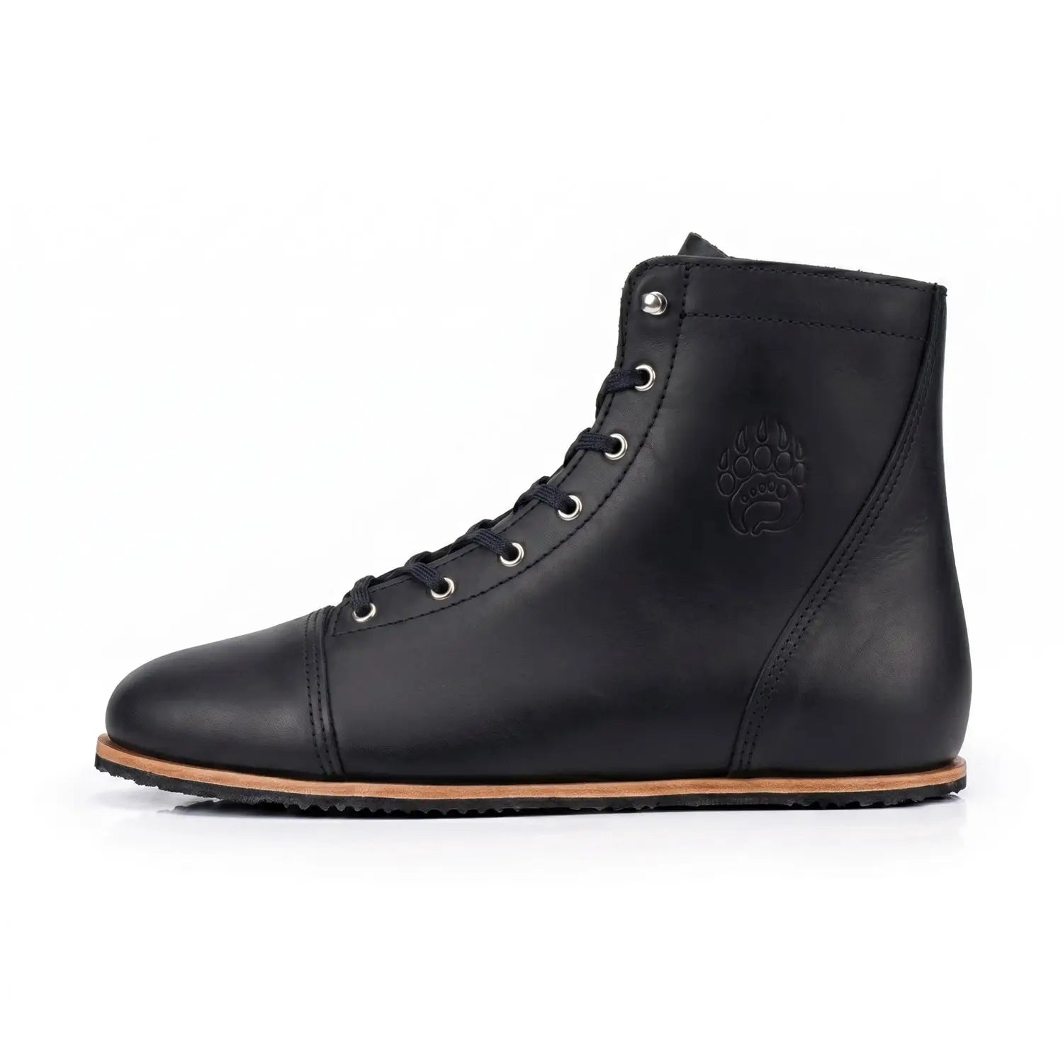 Ursidae-patriot dark horse black leather high-top sneaker lightweight barefoot boot with subtle embossed paw print and silver eyelets