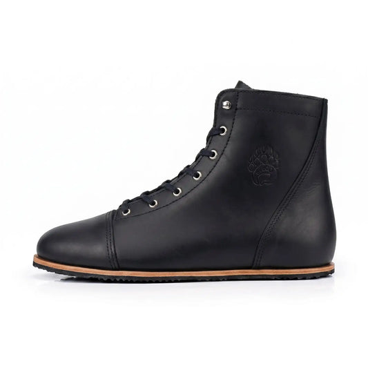Ursidae-patriot dark horse black leather high-top sneaker lightweight barefoot boot with subtle embossed paw print and silver eyelets