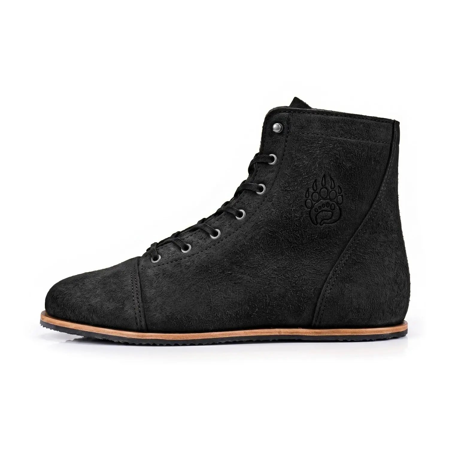 Black suede ursidae-patriot night rider high-top sneaker with embossed paw print silver eyelets and zero-drop sole