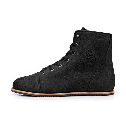 Black suede ursidae-patriot night rider high-top sneaker with embossed paw print silver eyelets and zero-drop sole