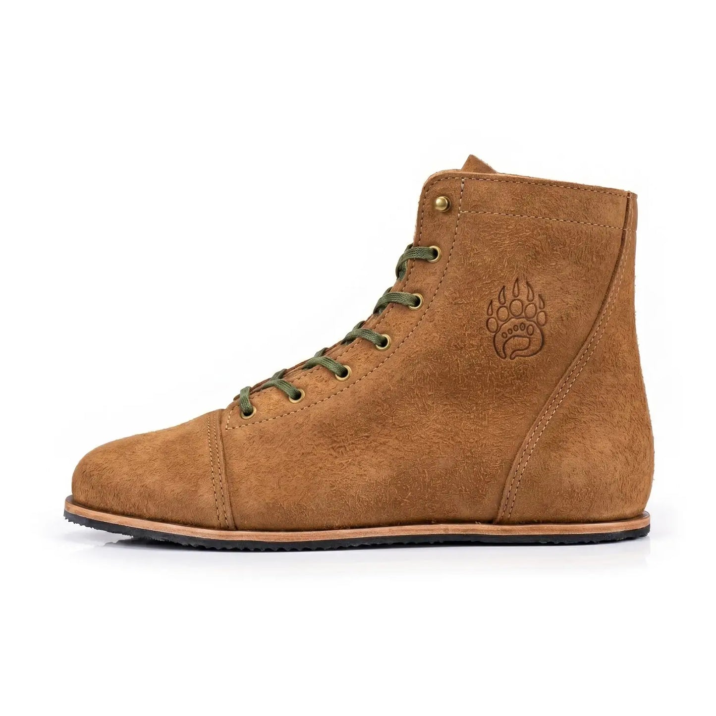 Tan suede ursidae-patriot rough rider high-top lightweight barefoot boot with zero-drop sole and olive green laces
