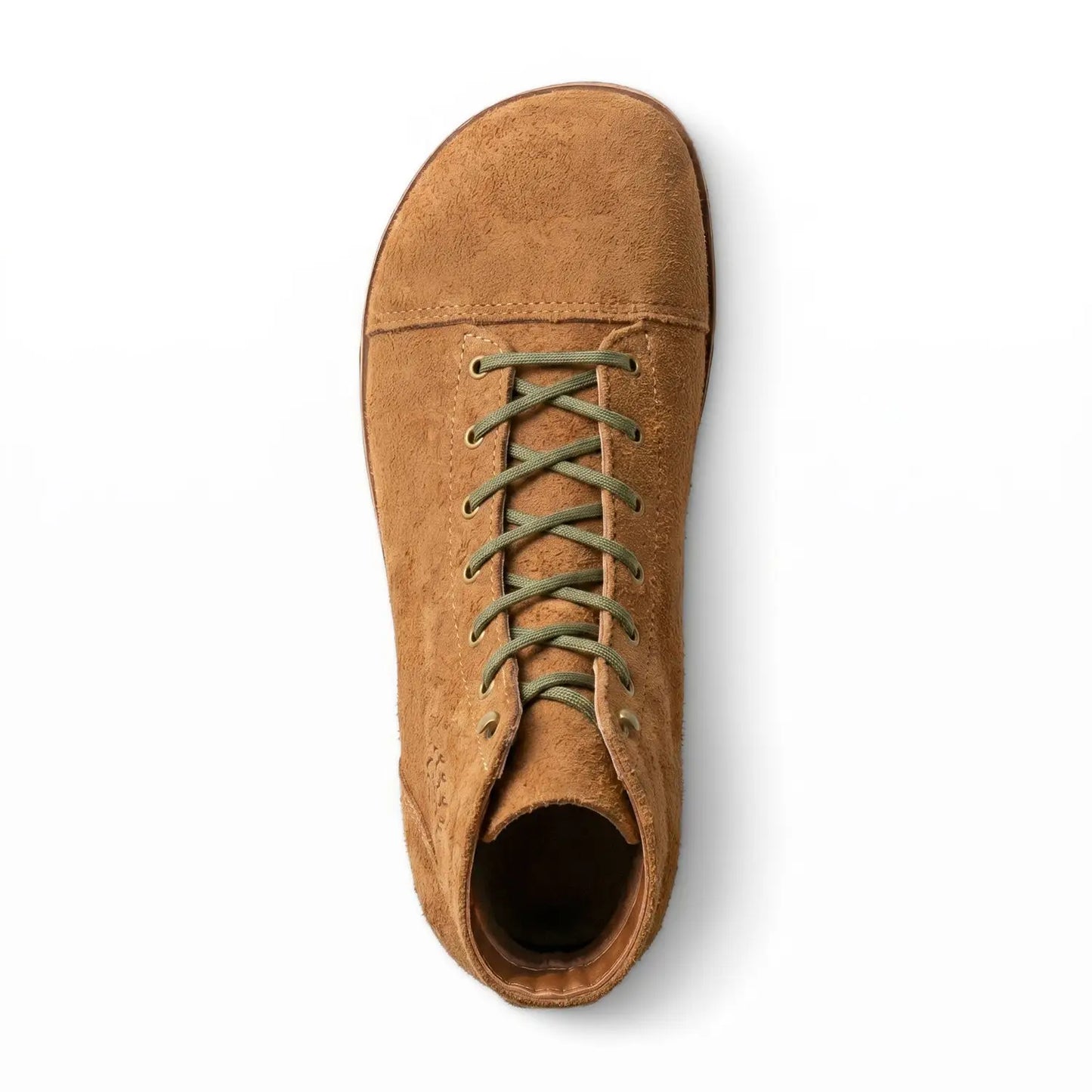 Tan suede ursidae-patriot rough rider high-top sneaker with olive green laces and lightweight zero-drop sole