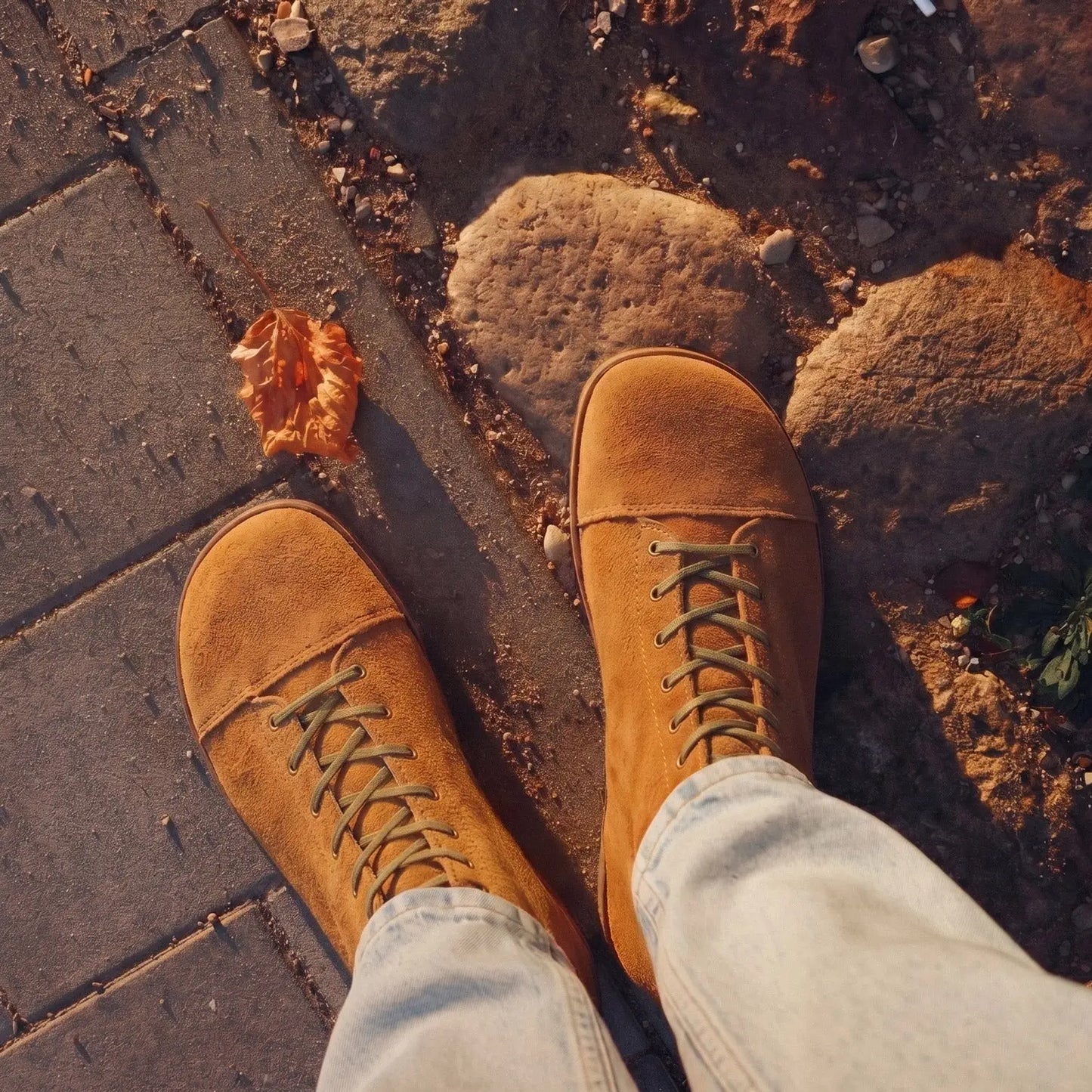 Tan suede ursidae-patriot rough rider lightweight barefoot boot with green laces and zero-drop sole
