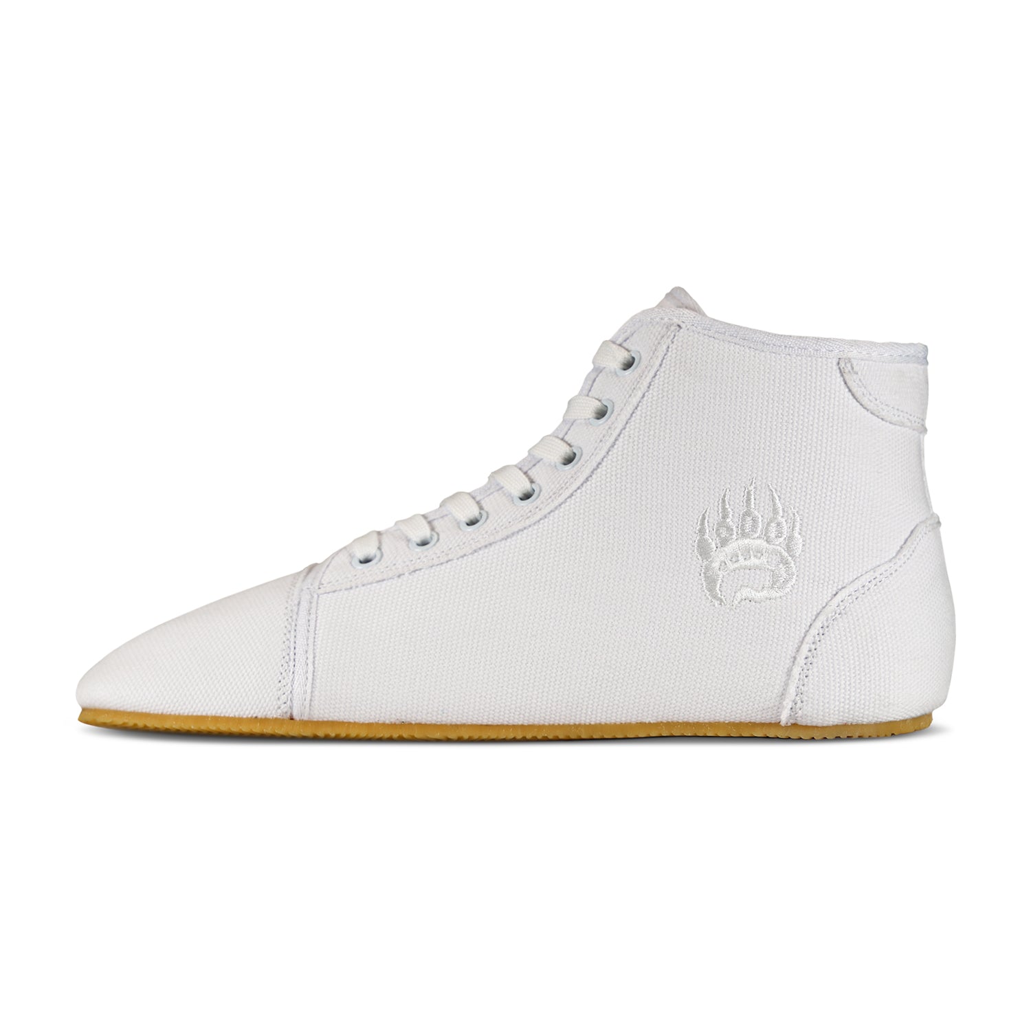 White Ursus Canvas high-top training sneaker with laces and a minimalist design logo on the side, ideal for strength athletes by Bearfoot.