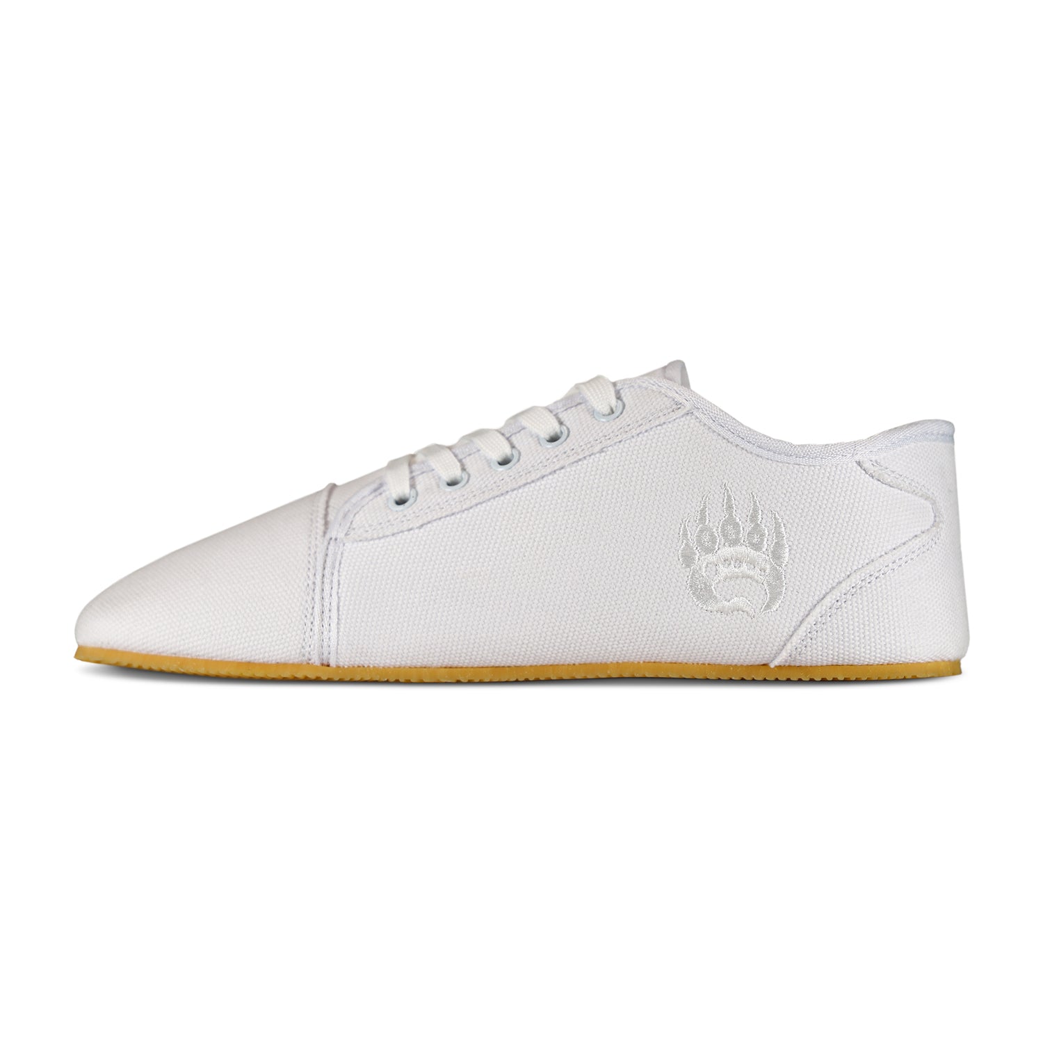 White Ursus Canvas low-top training sneaker with a minimalist design, featuring a pattern detail near the heel and a tan sole by Bearfoot.