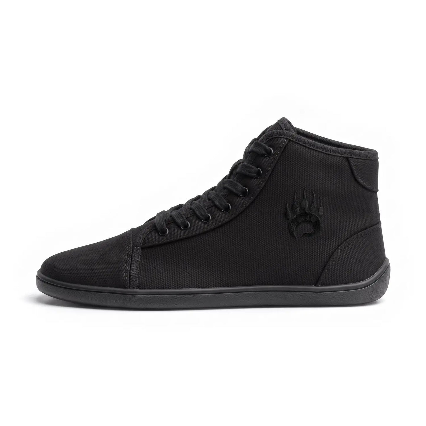Ursus chtg2 black high-top barefoot shoe with canvas upper rubber sole and embossed paw print logo for natural foot care
