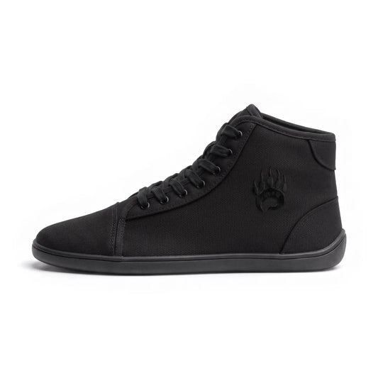 Ursus chtg2 black high-top barefoot shoe with canvas upper rubber sole and embossed paw print logo for natural foot care