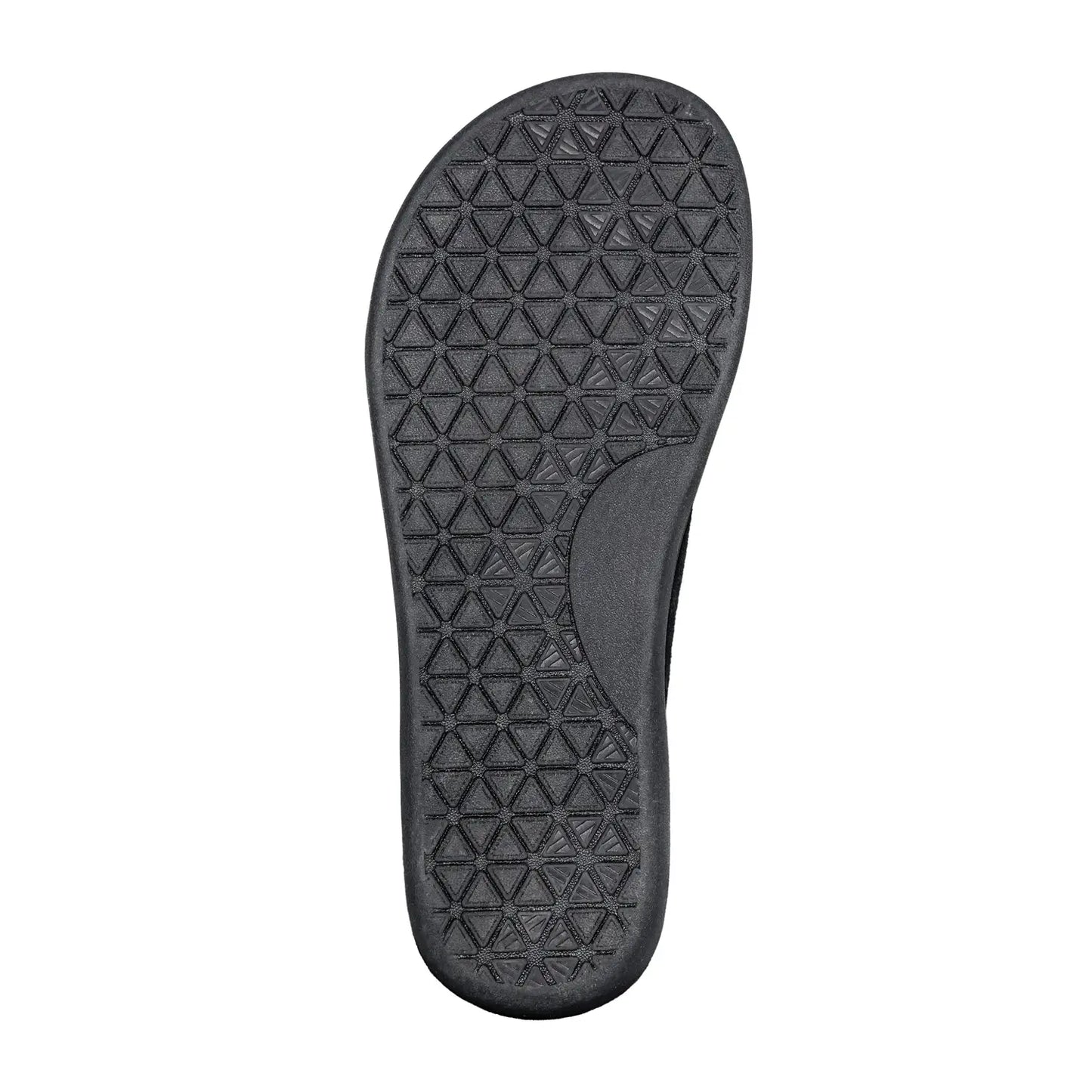 Black rubber sole with geometric triangular tread pattern on the back of ursus chtg2 blood moon barefoot sneaker