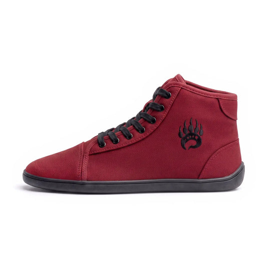 Ursus chtg2 barefoot sneaker in blood moon red canvas with black laces wide toe box and paw print logo on the side