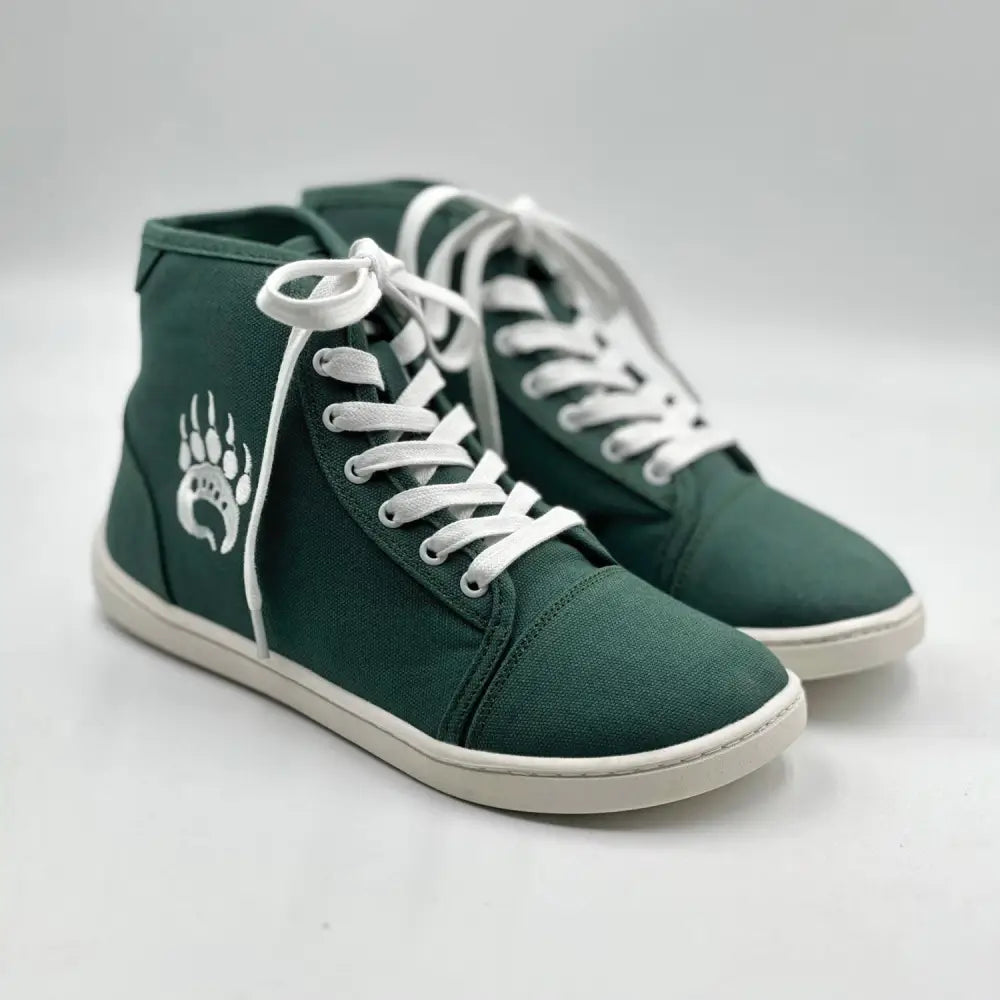 Ursus CHTG2 Varsity Green barefoot shoe: dark green high-tops with white paw logo