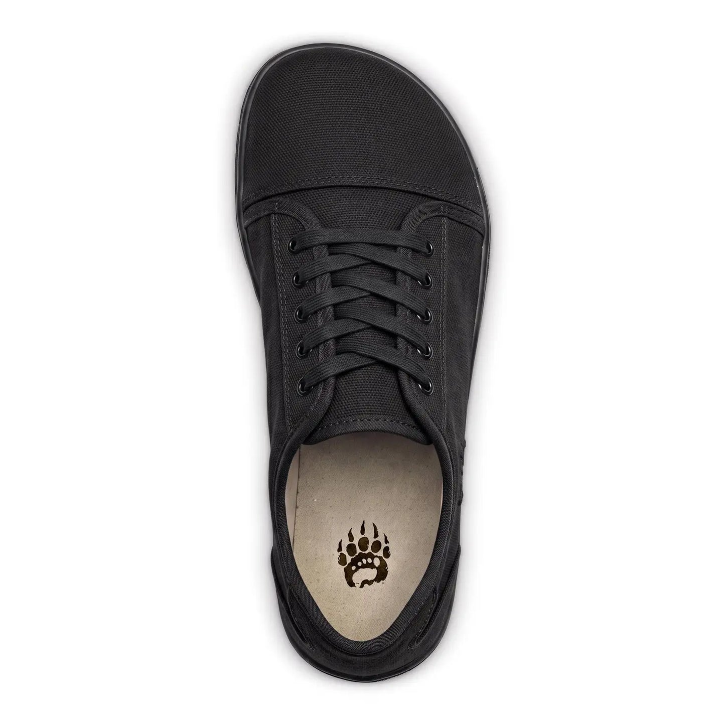 Ursus cltg2 black barefoot shoe with black canvas, laces, and subtle paw print logo for long-term foot health