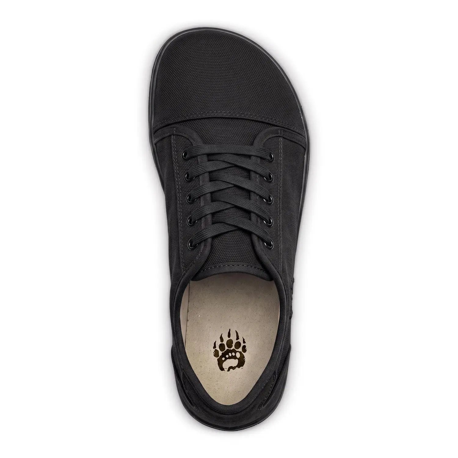 Ursus cltg2 black barefoot shoe with black canvas, laces, and subtle paw print logo for long-term foot health