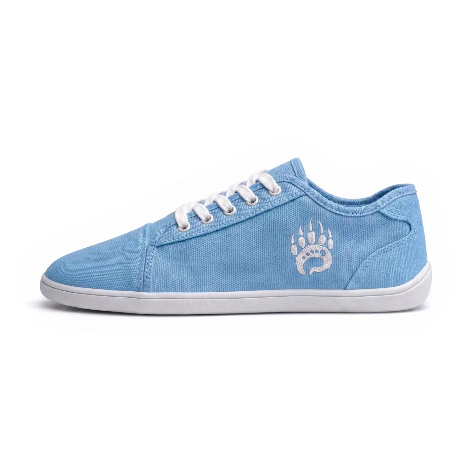 Ursus CLTG2 sky blue barefoot sneaker with light blue canvas, white laces, rubber sole, and embroidered paw print logo