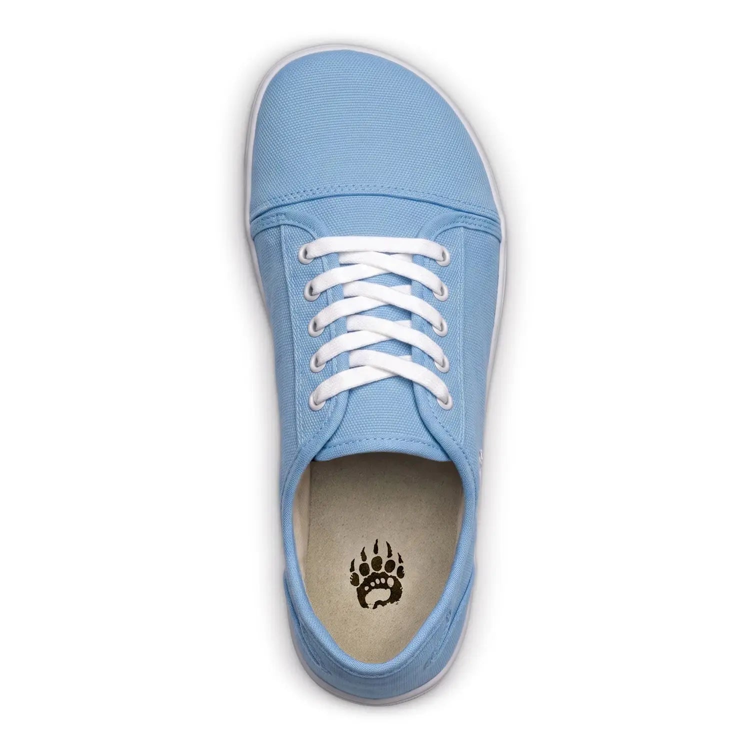 Ursus cltg2 sky blue barefoot sneaker made of light blue canvas with white laces and black paw print insole logo