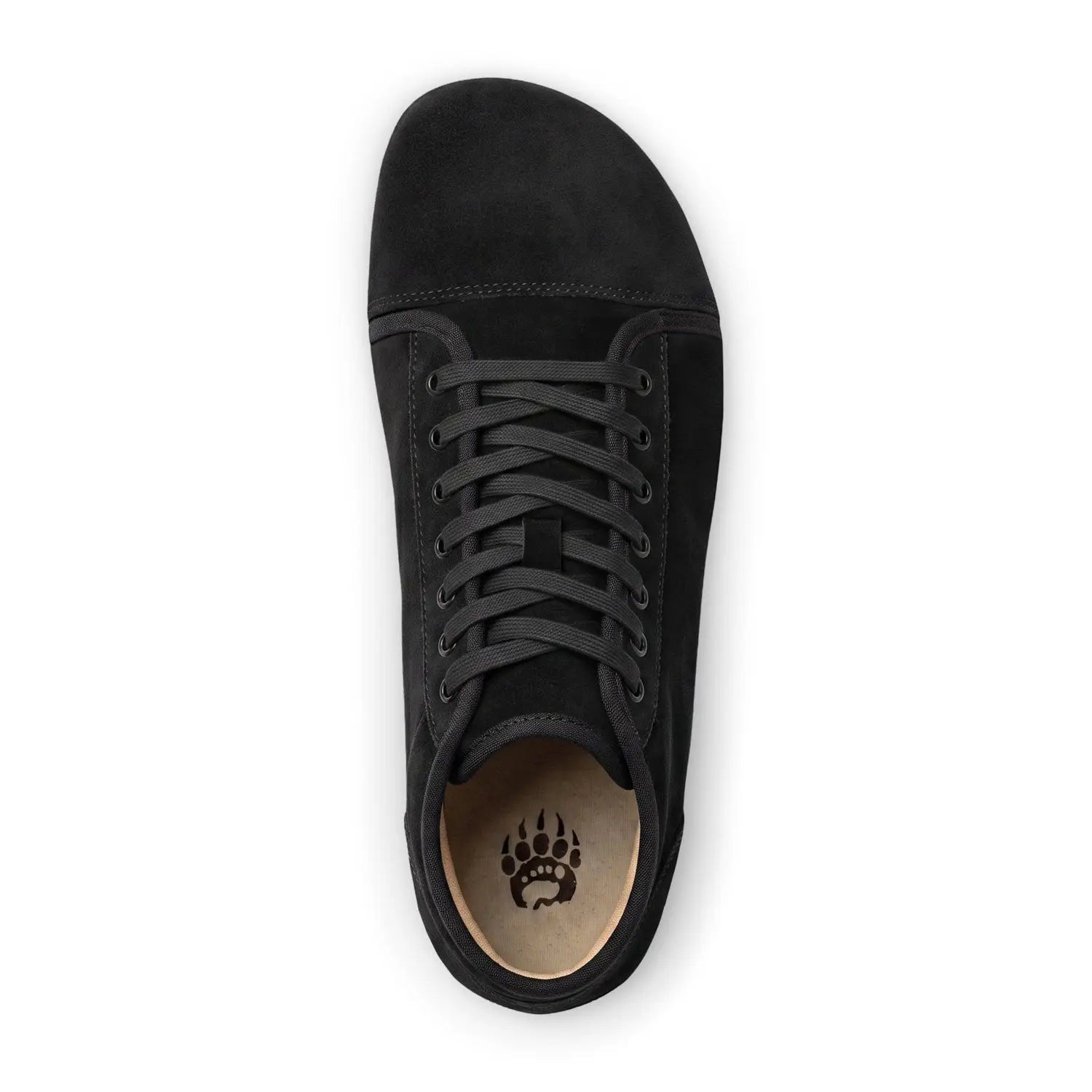 Ursus shtg1 black barefoot shoe in black suede with matching laces and zero-drop sole featuring a paw print insole