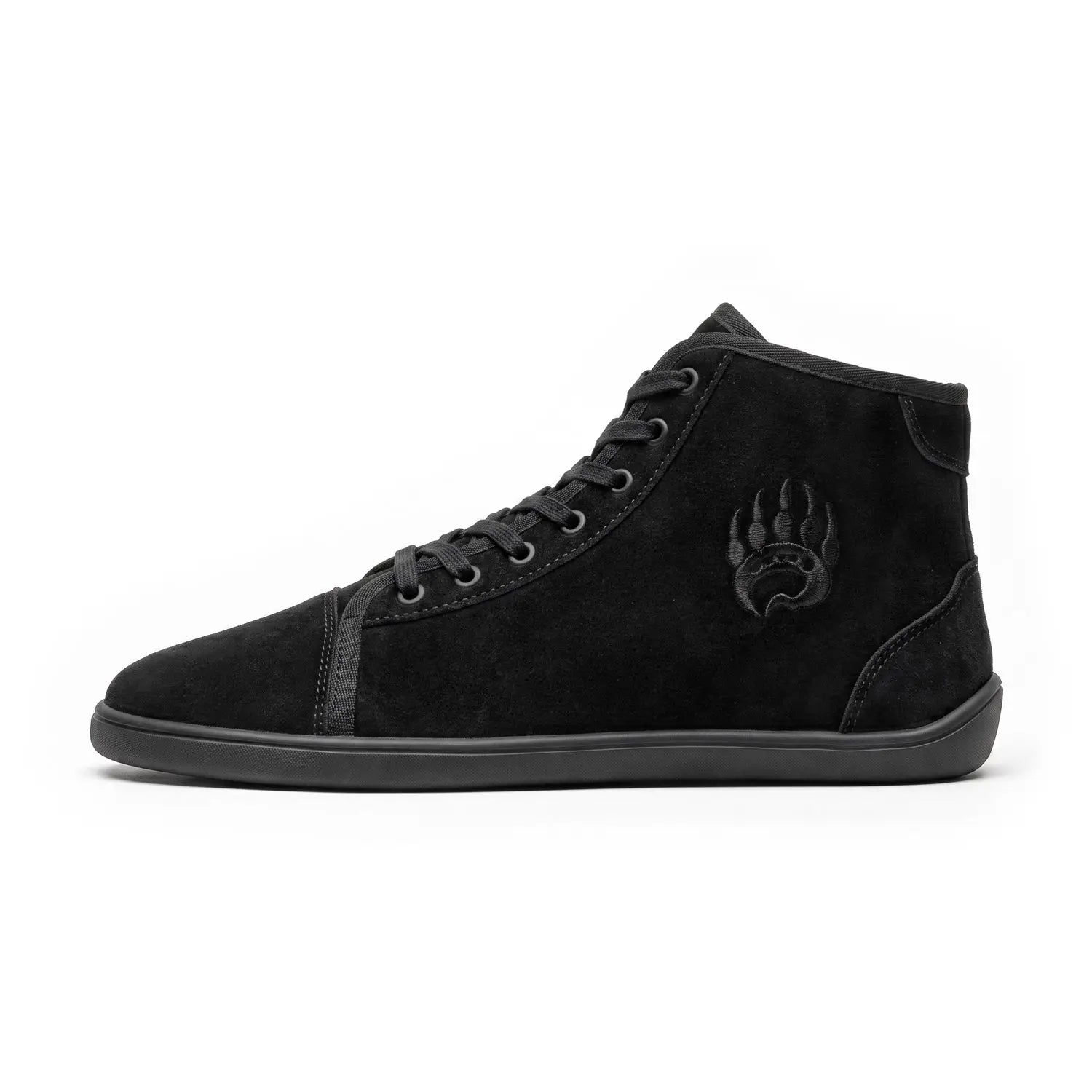 Ursus SHTG2 black barefoot shoe in black suede with wide toe-box and embossed paw print logo on the side