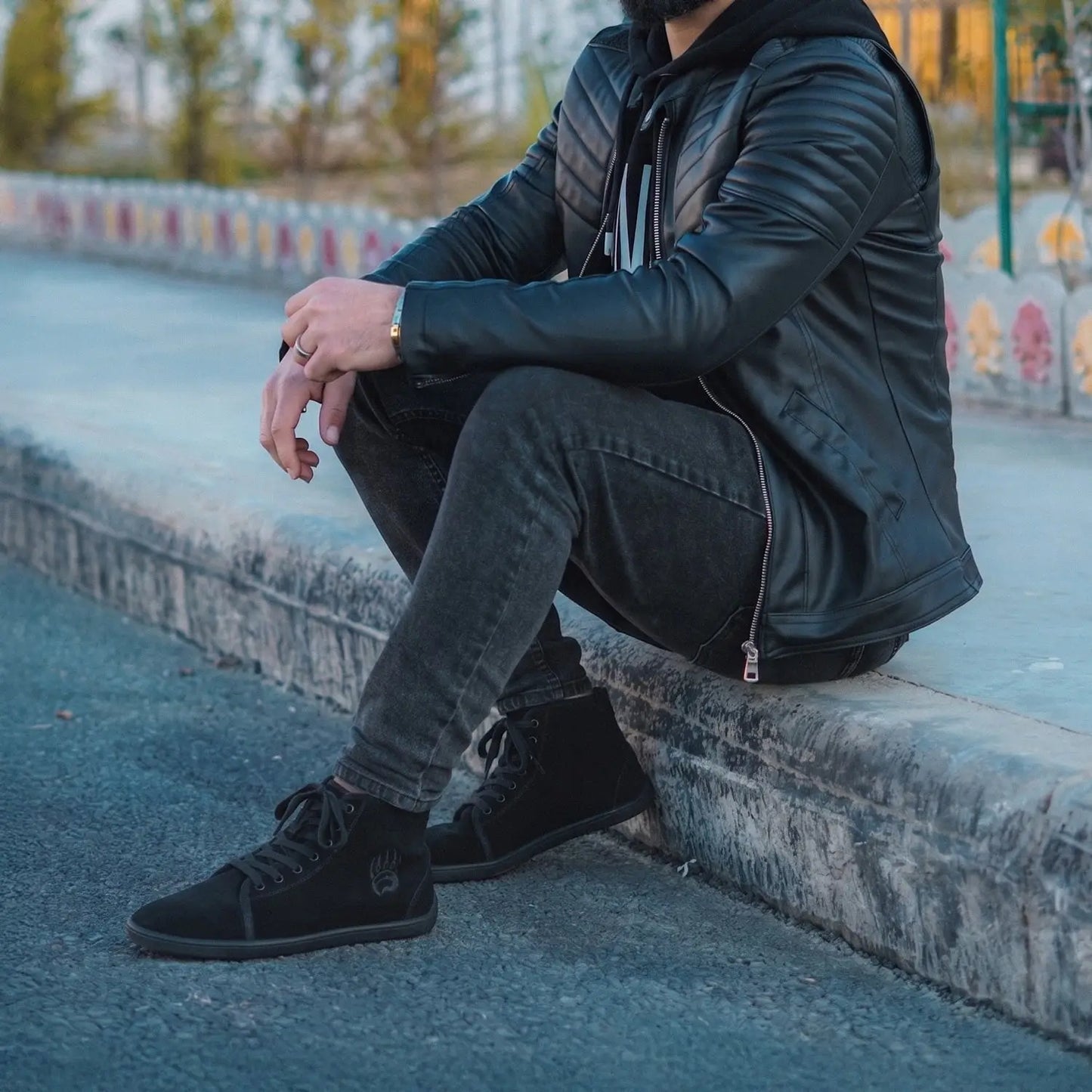 Black suede high-top ursus shtg2 barefoot shoe with wide toe box and subtle embroidered logo on side