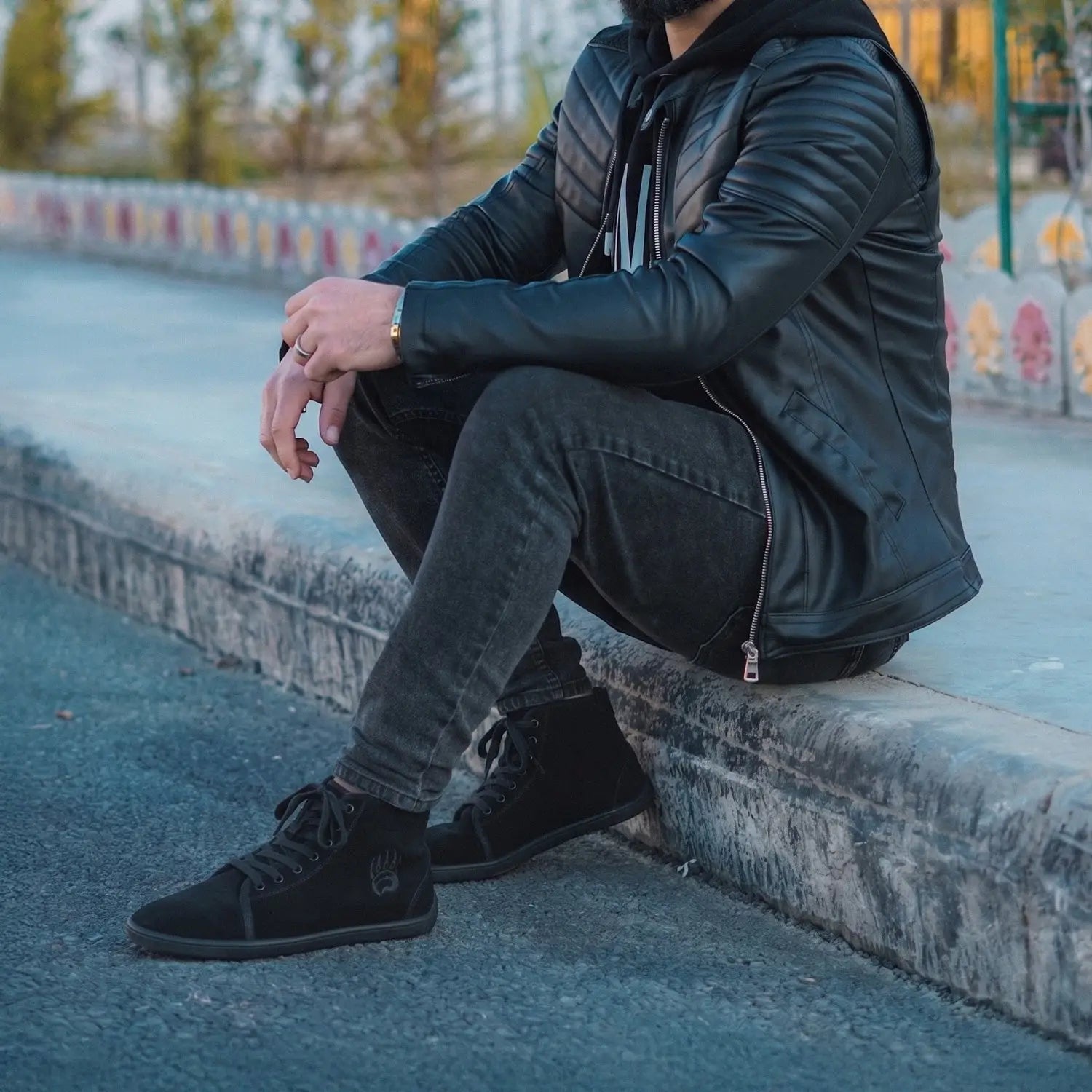 Black suede high-top ursus shtg2 barefoot shoe with wide toe box and subtle embroidered logo on side