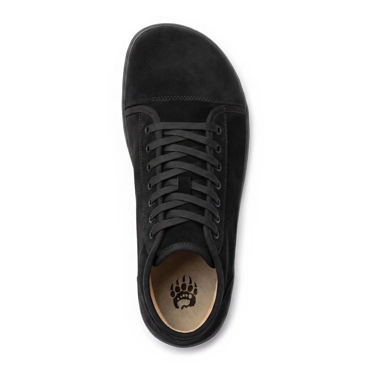 Black suede ursus shtg2 black barefoot shoe with matching laces and wide toe-box featuring paw print insole