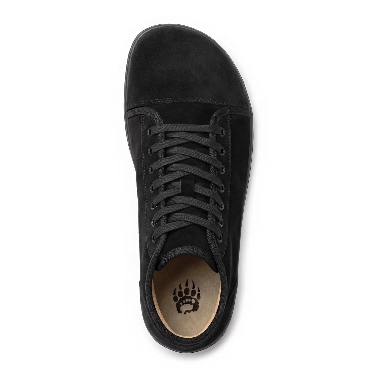Black suede ursus shtg2 black barefoot shoe with matching laces and wide toe-box featuring paw print insole