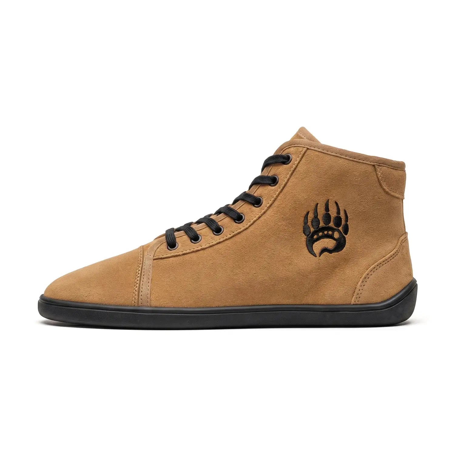 Ursus SHTG2 coyote tan suede barefoot shoe high-top sneaker with black laces and black paw print logo on side