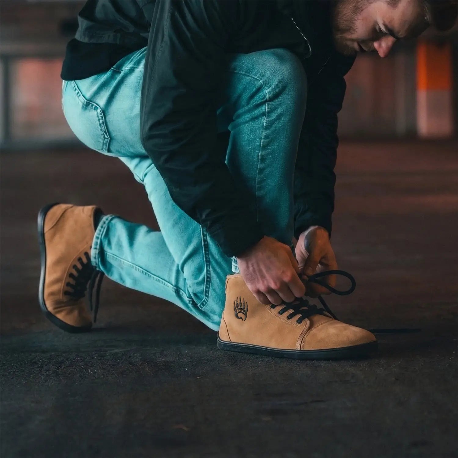 Tan suede ursus shtg2 coyote barefoot shoe high-top sneaker with black laces and subtle bear claw logo on side