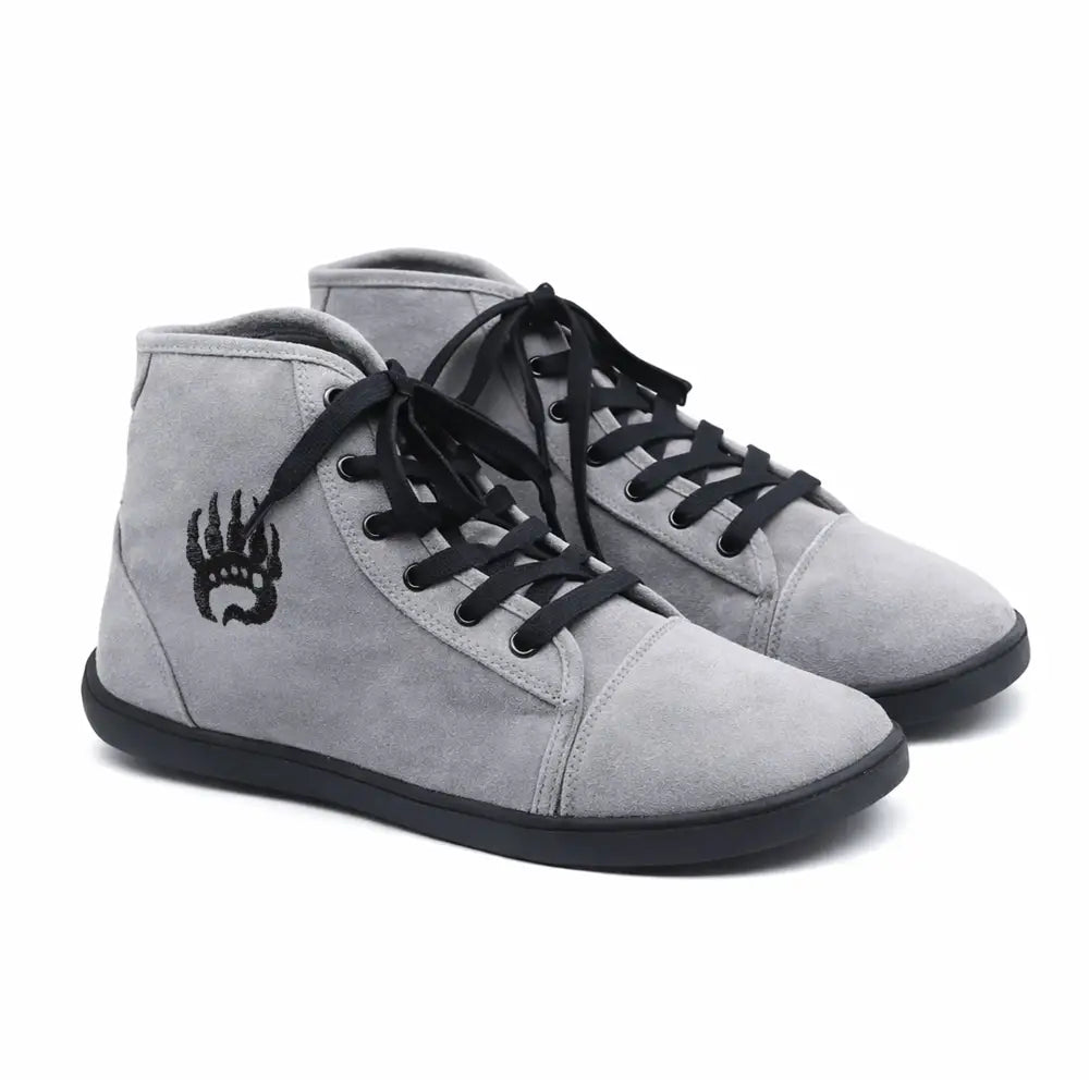 Gray Ursus SHTG2 smoke suede high-top barefoot sneakers with paw logo