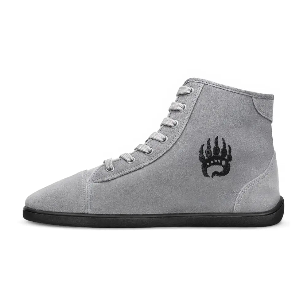 Gray suede Ursus SHTG2 barefoot shoe for strength training with black paw logo