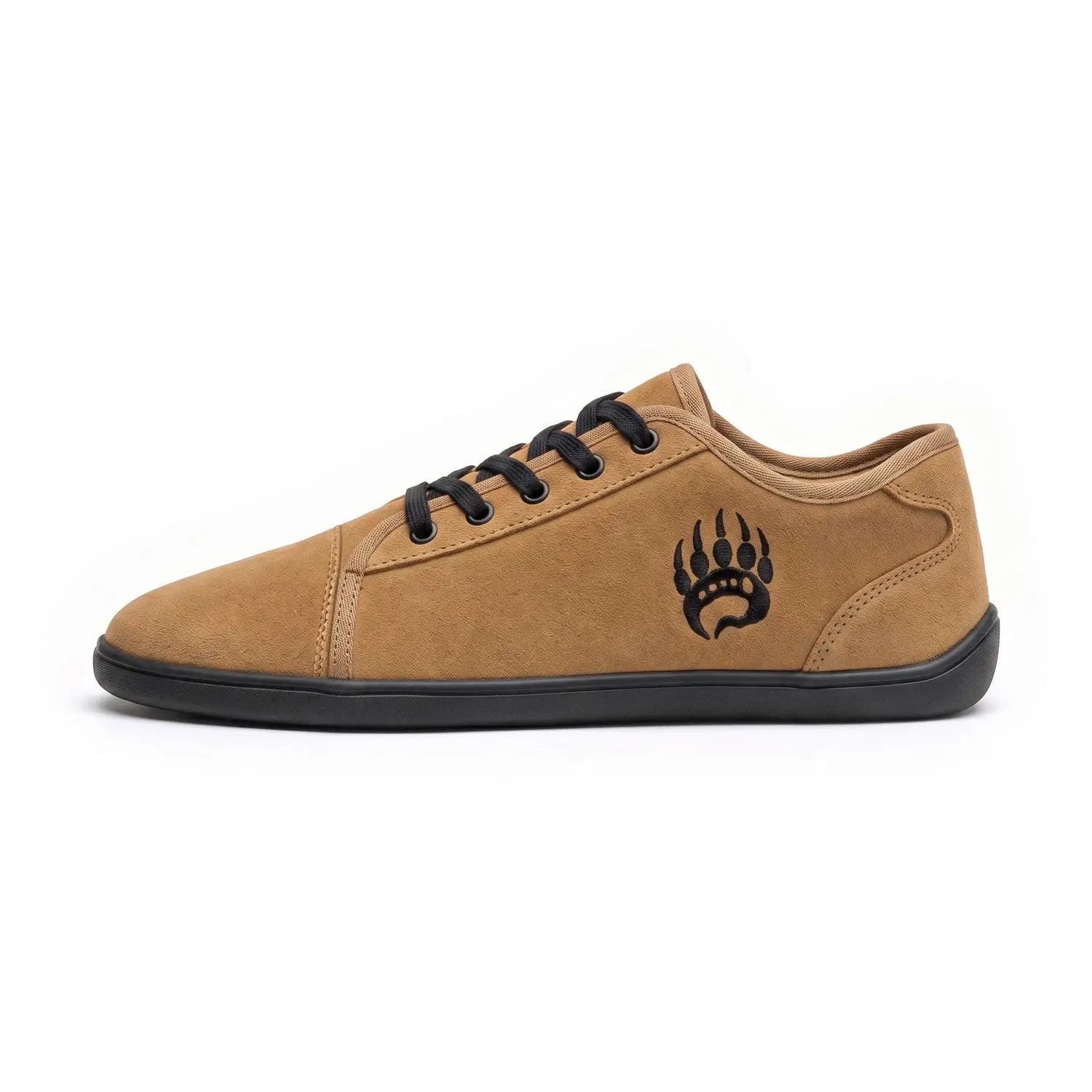 Tan suede ursus sltg2 low-top sneaker with black laces and bear paw logo supports foot health in ursus sltg2 coyote