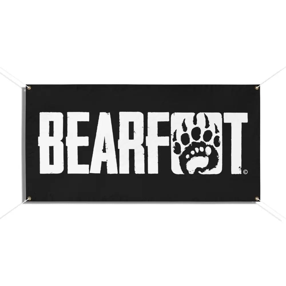Black vinyl bearfoot banner with bold white lettering and a stylized bear paw print replacing the o for barefoot shoes