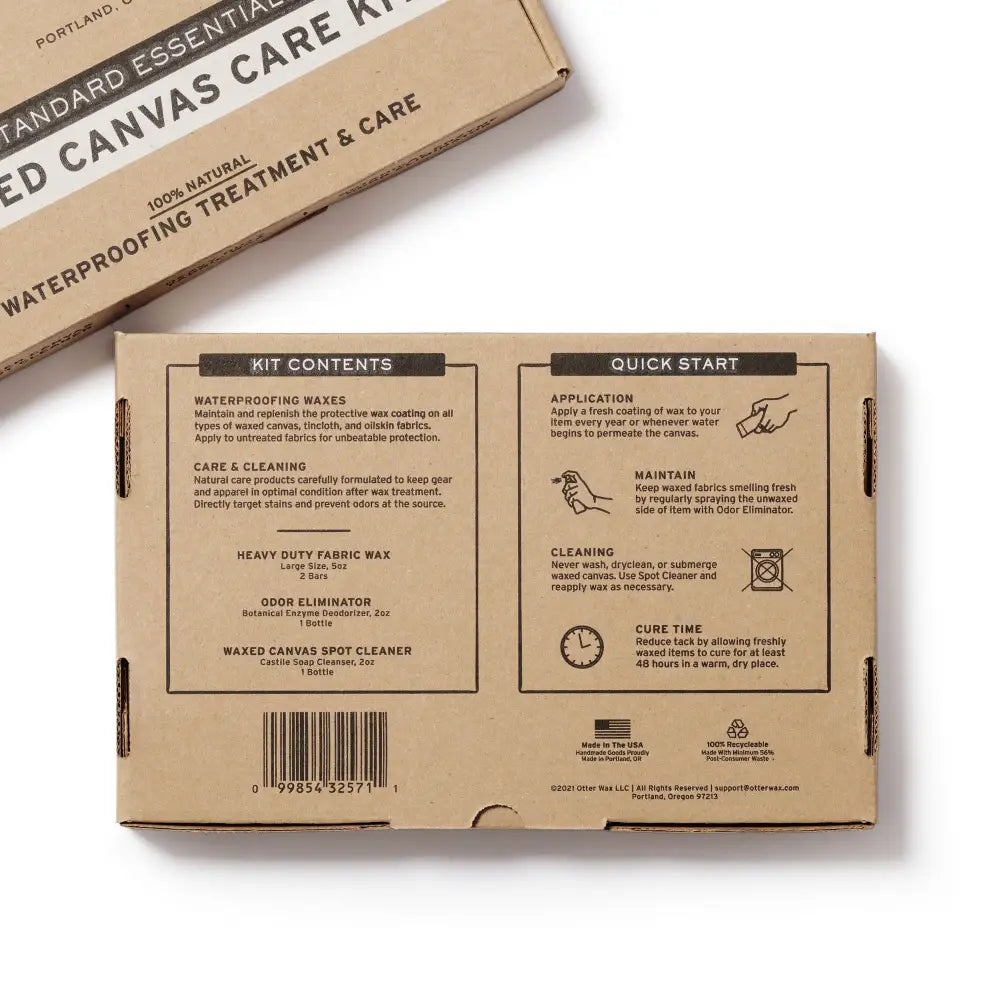 Waxed Canvas Care Kit box in waterproof brown cardboard with black text