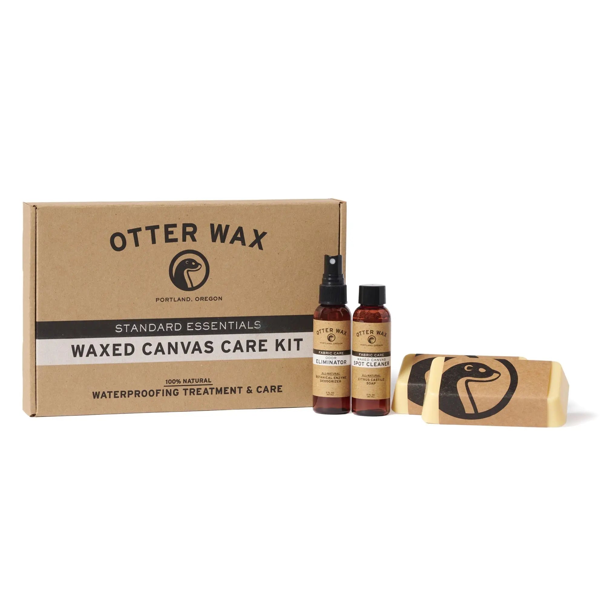 Otter Wax Standard Essentials waxed canvas care kit in brown box