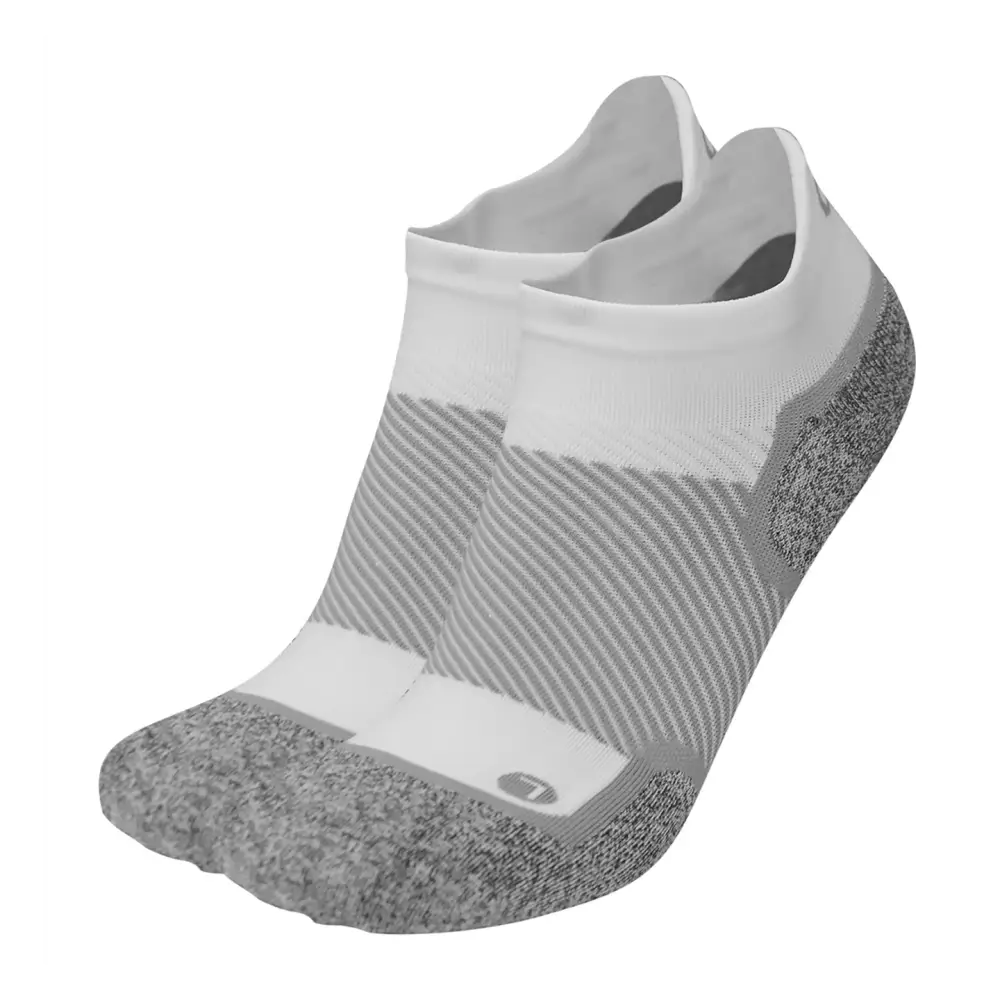White and gray striped no-show wellness performance socks with grip sole