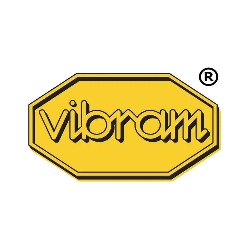Yellow vibram logo with black border and cursive font.